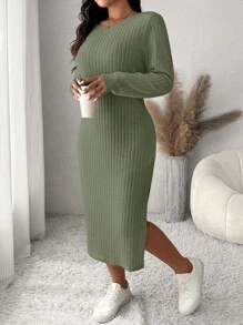 SHEIN Frenchy Plus Size Solid Color Round Neck Long Sleeve Split Simple Casual Dress - Army Green - View 1