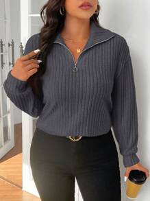 SHEIN Frenchy 休闲领拉链羊毛大码 T 恤，杏色 - 深灰色 - 查看 3