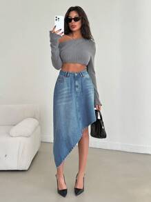 EURMUSE HIGH RISE ASYMMETRIC CUT DENIM SKIRT - Medium Wash - View 4