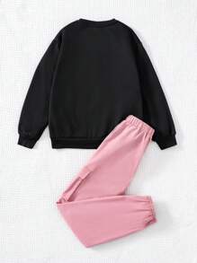 SHEIN Tween Girl Fashionable Knitted Crew Neck Pullover Hoodie & Wide-Leg Pants 2pcs Set - Pink - View 2