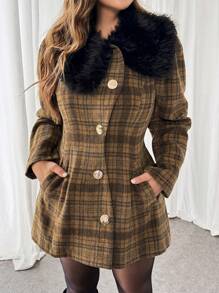 SHEIN Essnce Plus Size Women's Fashionable Casual Commuting Elegant Business Christmas Clothes Winter Clothes For Women Business Casual Woman Going Out Tops Women Vintage Winter Clothes Women Office Wear Women Winter Coat Coats For Women Winter Old Money Style Women Vintage Clothes Women Fluffy Coat Women Stitching False Collar Plaid Waist Coat