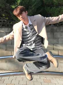 DAZY 男士休闲灰色条纹长袖 Polo 衫，秋季服装 - 彩色 - 查看 5