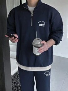 DAZY 男士纯蓝色卫衣套装，秋季七分拉链款 - 藍色 - 查看 4