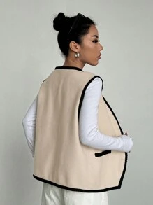 Lunelith SHEIN Lunessa Parte superior informal con botones en el frente, sin mangas, con bolsillo y ribete de contraste, para uso diario