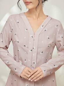 Veilorie Baju Kebaya 2pcs/Set Ditsy Floral Long Sleeve V-Neck Women Long Shirt & Long Skirt Modest - Multicolor - View 7