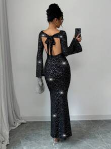 SHEIN Unity Women Glitter Fabric Tied Back Flared Sleeve Fishtail Waist Elegant Maxi Dress Outfit, For New Year - Black - View 3