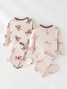 SHEIN 4pcs Baby Boy Cute Cartoon Bear & Rabbit Print Colorblock Round Neck Long Sleeve Top And Long Pants Soft Comfortable Brushed Pajama Set - Multicolor - View 2