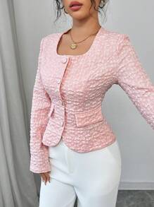 Elenzga 1 件女士优雅压花提花单排扣短款西装外套，带仿口袋 - 粉色 - 查看 6