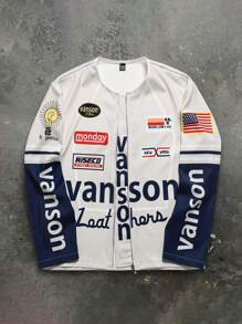 Manfinity EMRG 男士印花撞色前拉链长袖夹克外套，外出街头穿着针织夹克图案拼色夹克，适合朋友、丈夫、男朋友的礼物