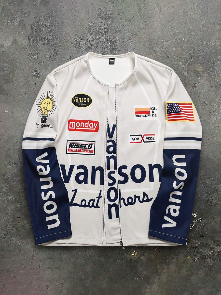 Manfinity EMRG 男士印花撞色前拉链长袖夹克外套，外出街头穿着针织夹克图案拼色夹克，适合朋友、丈夫、男朋友的礼物