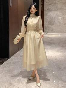 DAZY 女士宽松中长款派对/约会连衣裙，系带细节，适合舞会、秋季穿着，长袖设计，优雅女装 - 杏色 - 查看 5