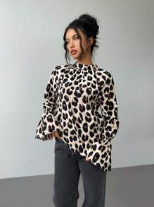 SHEIN Essnce Women's Autumn Leopard Print Long Sleeve Loose Casual Shirt - Multicolor - View 5