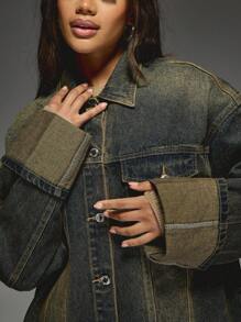 MISSGUIDED 超大牛仔卡车司机夹克翻边宽袖秋冬宽松外套日常休闲街头风格个性单品 - 藍色 - 查看 4