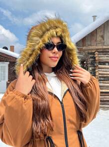 SHEIN EZwear Áo khoác parka dài lót lông cổ điển có mũ trùm đầu cỡ lớn cho nữ, quần áo mùa đông - màu nâu - Xem 3