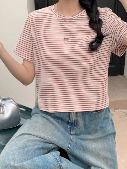 DAZY Camiseta casual de mujer de manga corta con cuello redondo y estampado a rayas