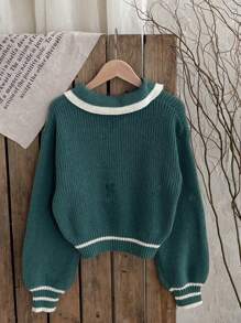 Tween Girls Casual Two-Tone Ruffled Lantern Sleeve Sweater, Autumn/Winter - Green - View 2