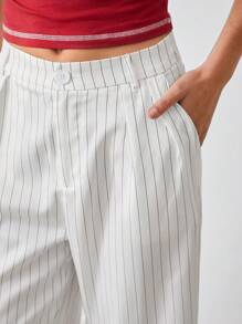 SHEIN EZwear 寬鬆款直筒灰白條紋休閒長褲 - 藍色 - 查看 5
