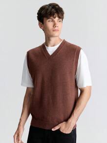 Ontre Men's Spring Brown Solid V-Neck Casual Loose Knitted Sweater Vest, Suitable For Parties, New Year