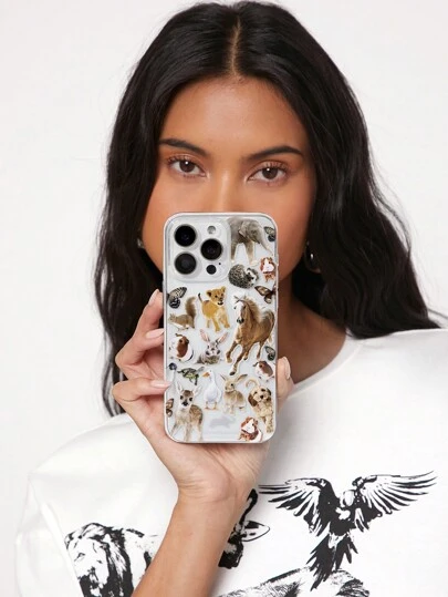 Animal Planet X SHEIN 可爱动物印花透明手机壳，礼物