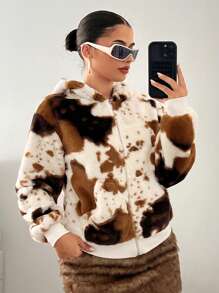 SHEIN ICON 女式前拉链长袖图案细节简约 Y2k 节日新年奶牛印花连帽上衣冬季 - 杏色 - 查看 3