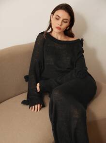 Chiquease Romantic Crochet Floral Off-Shoulder Long Sleeve Sweater And Skirt 2-Piece Set For Women  - Black - View 4