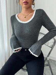 SHEIN Unity Women Slim-Fit Scoop Neck Bell Sleeve Contrast Color Frill Trim Elegant Casual Knitted Sweater Fall Winter - Dark Grey - View 1