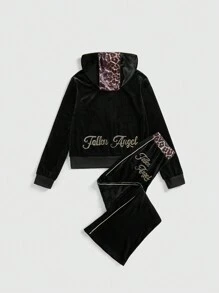 ROMWE J-Fashion 2pcs Y2K Leopard Print Patchwork Rhinestone Embellished Velvet Hoodie Set - Black - View 1