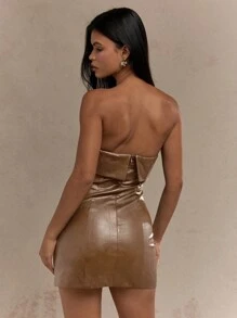 MISSGUIDED PU Flap Detail Bandeau Mini Dress - Brown - View 2