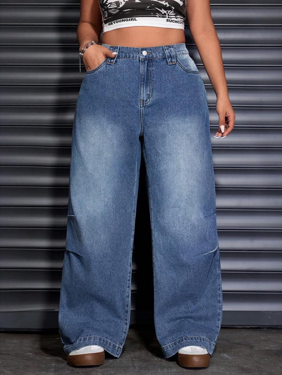 SHEIN EZwear Pantalon en jean large et ample à plis pour femmes grandes tailles, style décontracté de rue