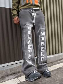 Manfinity EMRG Men's Streetwear INS Faux Retro Distressed Letter Pattern Gray Sweatpants, Fall And Winter Going Out Long Casual Baggy Sweatpants, For Husband, Boyfriend Gifts, For Rave