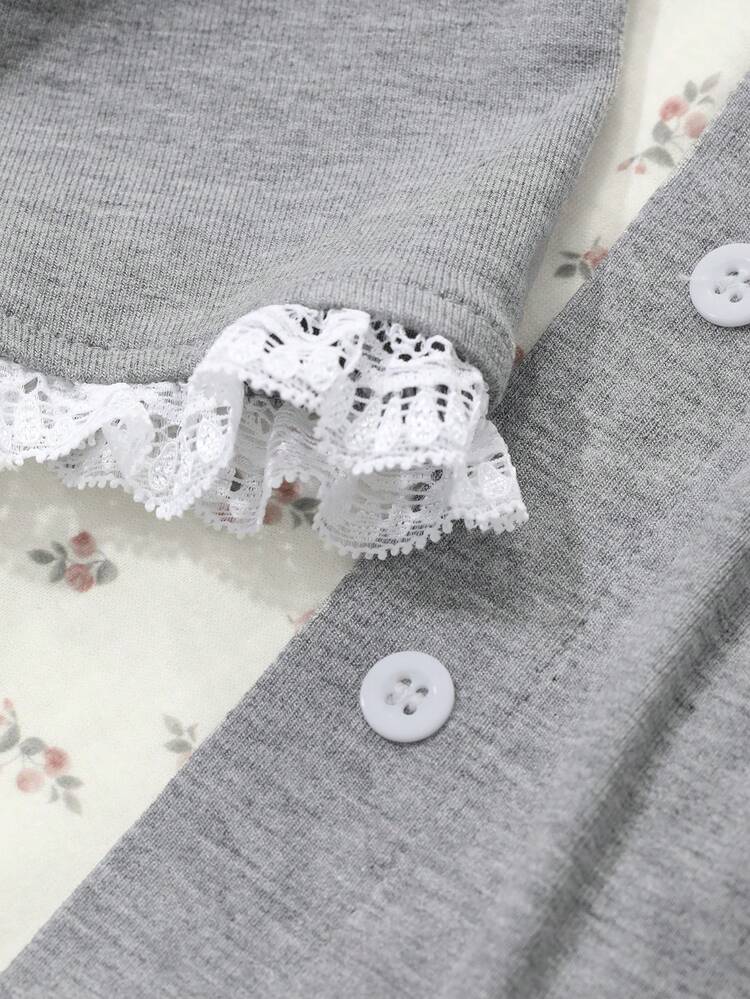 Ditsy Floral Camisole Backless Jumpsuit Set With Lace Trim Short Cardigan Sleepwear Pajama