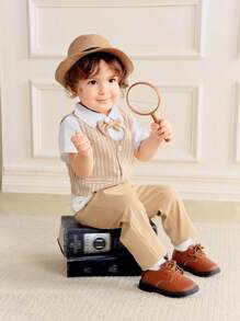 Souflis Souflis 3pcs/Set Infant Baby Boys Gentleman Outfit - Polo Collar Short Sleeve Cardigan, Waistcoat V-Neck Striped Sleeveless, And Long Trousers'