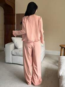 DAZY 3pcs Sleepwear Set: Ruffle Trim Cardigan, Camisole And Pajama Pants - Pink - View 2