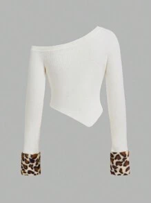 SHEIN ICON Women Off Shoulder Long Sleeve Leopard Pattern Patchwork Furry Cropped White Sweater