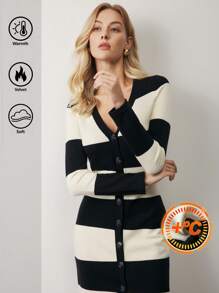 BizChic Vestido de suéter tejido a rayas blancas y negras casual y elegante para mujer, de manga larga, para usar en la oficina o de vacaciones, apto para primavera/verano - Blanco y Negro - Ver 2
