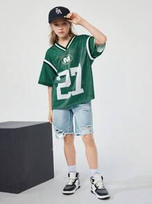 SHEIN Blusa casual sencilla para niñas con estampado de números, cuello en V, manga corta y parches de colido liso - Multicolor - Ver 7