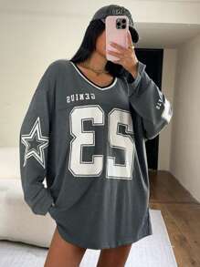 SHEIN EZwear 女士 V 领撞色字母条纹印花长袖 T 恤，灰色 - 灰色 - 查看 1