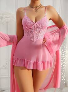 Slumberist 2pcs Set Fishbone Line Waist Lace Camisole Nightgown & 3D Floral Wide Sleeve Mesh Robe - Pink - View 3
