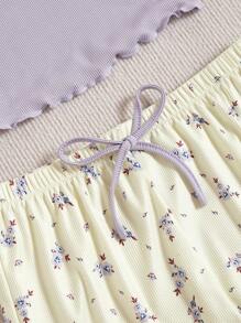 CottageSlumber Women's Contrast Lace Cami Top Ditsy Floral Shorts And Long Pants Pajama Set