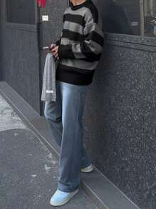 DAZY 男士长袖条纹简约圆领毛衣，秋冬休闲日常穿着 - 彩色 - 查看 6