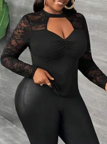 Slaydiva Plus Size Women Lace Patchwork Hollow Out Fitted Top