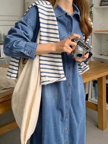 DAZY 纯色双口袋开衩下摆牛仔连衣裙，秋装