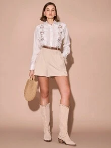 Enchnt 女式秋季撞色蕾丝落肩长袖单排扣衬衫 - 白色 - 查看 2