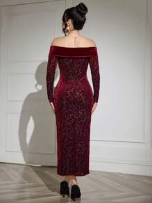 Modelyn 勃艮第红色 1 件优雅天鹅绒花卉印花长袖紧身连衣裙长款女士装长款晚礼服