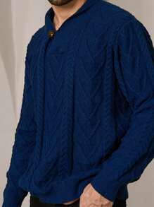 Manfinity VCAY 男士针织时尚休闲日常宽松半扣长袖毛衣，秋冬季，圣诞节 - 藍色 - 查看 3