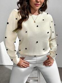 SHEIN Clasi Plus Size Women's Solid Color Round Neck Ruched Sleeve Textured Dot Pullover Sweater, Autumn/Winter Knit Pullover Fall - Beige - View 6