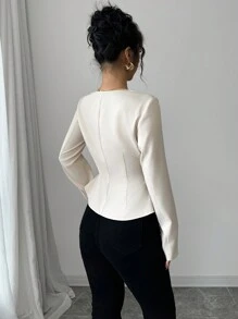 Selianne Women's French Elegant Commuter Trapezoidal Collar Square Neck Front Button Down Long Sleeve Shirt With Waistline, Suitable For Spring Autumn Winter Fall Cloth For Women - Apricot - View 2