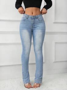SHEIN Tall Quần Jeans Skinny Ống Loe Lưng Thấp Màu Xanh Denim Giặt Gợi Cảm Cho Nữ - Rửa nhẹ - Xem 4