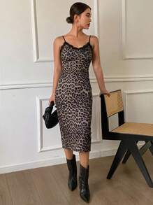 DAZY 节日休闲豹纹蕾丝花边吊带连衣裙，猎豹印花 - 彩色 - 查看 3