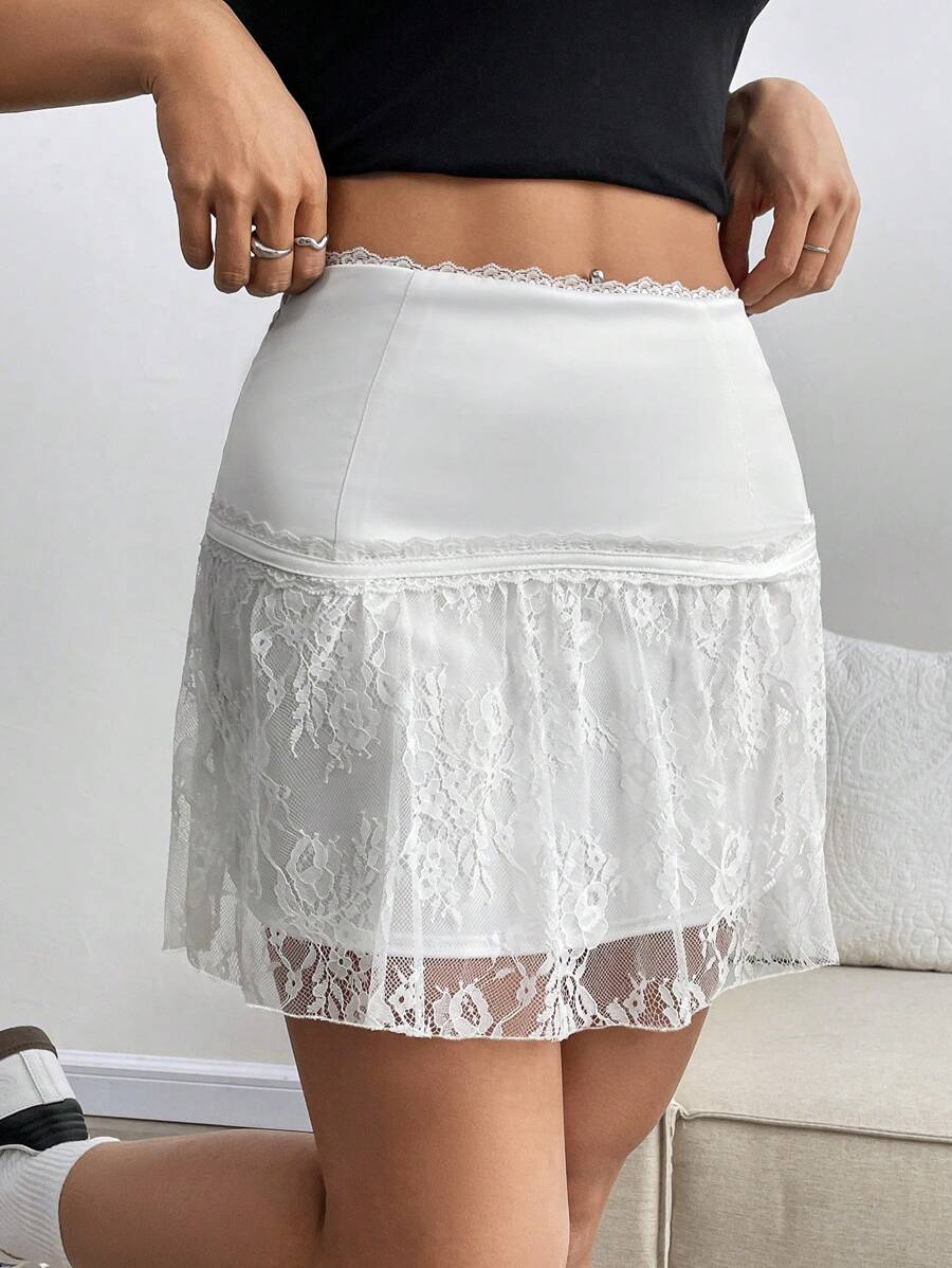 INAWLY Váy ren vá màu trơn thanh lịch cho nữ - trắng - Xem 1